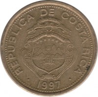 obverse of 10 Colones (1997 - 1999) coin with KM# 228a from Costa Rica. Inscription: REPUBLICA DE COSTA RICA 1997