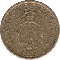 Costa Rica coin 10 Colones (1997 - 1999) obverse obverse of 10 Colones (1997 - 1999) coin with KM# 228a from Costa Rica. Inscription: REPUBLICA DE COSTA RICA 1997