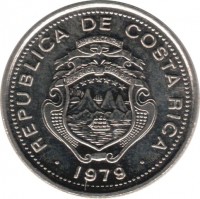 obverse of 10 Céntimos (1979) coin with KM# 185.2b from Costa Rica. Inscription: REPUBLICA DE COSTA RICA 1979