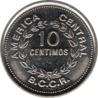 Costa Rica coin 10 Céntimos (1979) reverse reverse of 10 Céntimos (1979) coin with KM# 185.2b from Costa Rica. Inscription: AMERICA CENTRAL 10 CENTIMOS B.C.C.R.