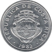 Costa Rica coin 10 Céntimos (1982) obverse obverse of 10 Céntimos (1982) coin with KM# 185.2a from Costa Rica. Inscription: REPUBLICA DE COSTA RICA 1982