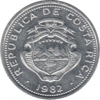 obverse of 10 Céntimos (1982) coin with KM# 185.2a from Costa Rica. Inscription: REPUBLICA DE COSTA RICA 1982