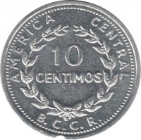 reverse of 10 Céntimos (1982) coin with KM# 185.2a from Costa Rica. Inscription: AMERICA CENTRAL 10 CENTIMOS B.C.C.R.