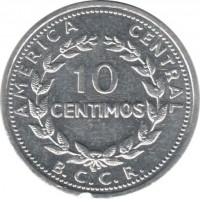 Costa Rica coin 10 Céntimos (1982) reverse reverse of 10 Céntimos (1982) coin with KM# 185.2a from Costa Rica. Inscription: AMERICA CENTRAL 10 CENTIMOS B.C.C.R.