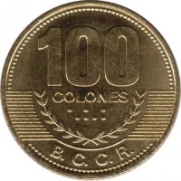 Costa Rica coin 100 Colones (2006 - 2007) reverse reverse of 100 Colones (2006 - 2007) coin with KM# 240a from Costa Rica. Inscription: 100 COLONES B.C.C.R