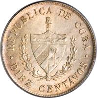 obverse of 10 Centavos (1915 - 1949) coin with KM# A12 from Cuba. Inscription: REPUBLICA DE CUBA DIEZ CENTAVOS