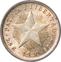 reverse of 10 Centavos (1915 - 1949) coin with KM# A12 from Cuba. Inscription: PATRIA Y LIBERTAD · 2.5G · 1915 · 900M ·