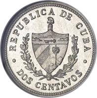 obverse of 2 Centavos (1915 - 1916) coin with KM# A10 from Cuba. Inscription: REPUBLICA DE CUBA · DOS CENTAVOS ·