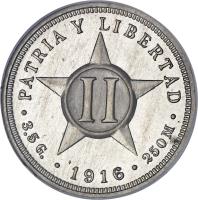 Cuba coin 2 Centavos (1915 - 1916) reverse reverse of 2 Centavos (1915 - 1916) coin with KM# A10 from Cuba. Inscription: PATRIA Y LIBERTAD II · 3.5 G. · 1915 · 250 M ·