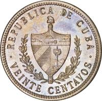 obverse of 20 Centavos (1915 - 1949) coin with KM# 13 from Cuba. Inscription: REPUBLICA DE CUBA · VEINTE CENTAVOS ·