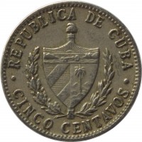 Cuba coin 5 Centavos (1915 - 1961) obverse obverse of 5 Centavos (1915 - 1961) coin with KM# 11 from Cuba. Inscription: REPUBLICA DE CUBA · CINCO CENTAVOS ·