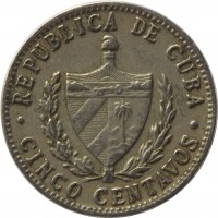 obverse of 5 Centavos (1915 - 1961) coin with KM# 11 from Cuba. Inscription: REPUBLICA DE CUBA · CINCO CENTAVOS ·