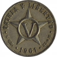 Cuba coin 5 Centavos (1915 - 1961) reverse reverse of 5 Centavos (1915 - 1961) coin with KM# 11 from Cuba. Inscription: PATRIA Y LIBERTAD V · 5 GR. · 1961 · 250 M ·