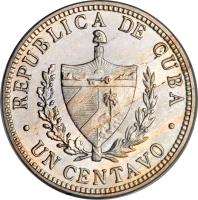 obverse of 1 Centavo (1915 - 1961) coin with KM# 9 from Cuba. Inscription: REBUBLICA DE CUBA UN CENTAVO