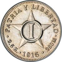 reverse of 1 Centavo (1915 - 1961) coin with KM# 9 from Cuba. Inscription: PATRIA Y LIBERTAD . 2.5 g . 1915 . 250M .