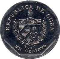 Cuba coin 1 Centavo (2000 - 2007) obverse obverse of 1 Centavo (2000 - 2007) coin with KM# 733 from Cuba. Inscription: REPUBLICA DE CUBA 2002 un centavo