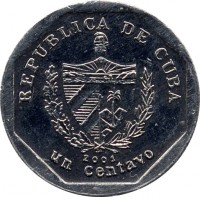 obverse of 1 Centavo (2000 - 2007) coin with KM# 733 from Cuba. Inscription: REPUBLICA DE CUBA 2002 un centavo