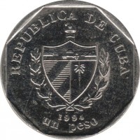 obverse of 1 Peso (1994 - 2012) coin with KM# 579 from Cuba. Inscription: REPUBLICA DE CUBA 1994 UN PESO