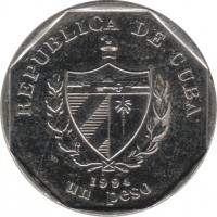 Cuba coin 1 Peso (1994 - 2012) obverse obverse of 1 Peso (1994 - 2012) coin with KM# 579 from Cuba. Inscription: REPUBLICA DE CUBA 1994 UN PESO
