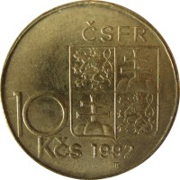 obverse of 10 Korun - A. Rašín (1992) coin with KM# 159 from Czechoslovakia. Inscription: ČSFR 10 Kčs 1992 JTS