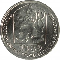 obverse of 5 Haléřů (1977 - 1990) coin with KM# 86 from Czechoslovakia. Inscription: 1989 ČESKOSLOVENSKÁ SOCIALISTICKÁ REPUBLIKA