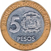 obverse of 5 Pesos - Central Bank (1997) coin with KM# 88 from Dominican Republic. Inscription: · REPUBLICA DOMINICANA · 5 PESOS · 1997 ·