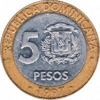 Dominican Republic coin 5 Pesos - Central Bank (1997) obverse obverse of 5 Pesos - Central Bank (1997) coin with KM# 88 from Dominican Republic. Inscription: · REPUBLICA DOMINICANA · 5 PESOS · 1997 ·
