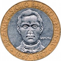 reverse of 5 Pesos - Central Bank (1997) coin with KM# 88 from Dominican Republic. Inscription: · 50 ANIVERSARIO BANCO CENTRAL · 1947-1997 · SANCHEZ