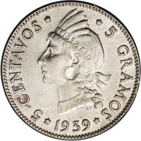 Dominican Republic coin 5 Centavos (1937 - 1974) reverse reverse of 5 Centavos (1937 - 1974) coin with KM# 18 from Dominican Republic. Inscription: * 5 CENTAVOS * 5 GRAMOS * 1951 *