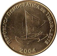 obverse of 25 Centavos (2003 - 2012) coin with KM# 4 from East Timor. Inscription: REPÚBLICA DEMOCRATICA DE TIMOR-LESTE 2004