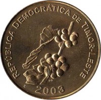 obverse of 50 Centavos (2003 - 2012) coin with KM# 5 from East Timor. Inscription: REPÚBLICA DEMOCRATICA DE TIMOR-LESTE 2003