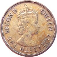 obverse of 5 Cents - Elizabeth II - 1'st Portrait (1955 - 1965) coin with KM# 4 from Eastern Caribbean States. Inscription: QUEEN ELIZABETH THE SECOND