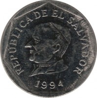 obverse of 25 Centavos (1993 - 1999) coin with KM# 157b from El Salvador. Inscription: REPÚBLICA DE EL SALVADOR 1994