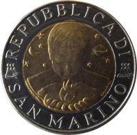 obverse of 500 Lire - Chimica (1998) coin with KM# 383 from San Marino. Inscription: REPUBBLICA DI SAN MARINO