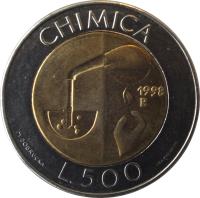 San Marino coin 500 Lire - Chimica (1998) reverse reverse of 500 Lire - Chimica (1998) coin with KM# 383 from San Marino. Inscription: CHIMICA L.500 1998 R