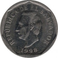 obverse of 10 Centavos (1995 - 1999) coin with KM# 155b from El Salvador. Inscription: REPÚBLICA DE EL SAVADOR 1998