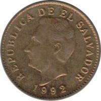 obverse of 1 Centavo (1989 - 1992) coin with KM# 135.1a from El Salvador. Inscription: REPÚBLICA DE EL SALVADOR 1992