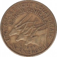 obverse of 10 Francs (1965 - 1972) coin with KM# 2a from Equatorial African States. Inscription: BANQUE CENTRALE ETATS DE L'AFRIQUE EQUATORIALE 1969 CAMEROUN