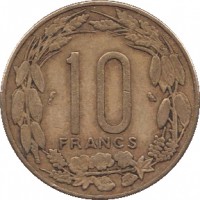 Equatorial African States coin 10 Francs (1965 - 1972) reverse reverse of 10 Francs (1965 - 1972) coin with KM# 2a from Equatorial African States. Inscription: 10 FRANCS
