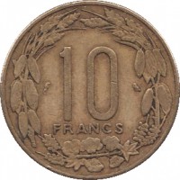 reverse of 10 Francs (1965 - 1972) coin with KM# 2a from Equatorial African States. Inscription: 10 FRANCS