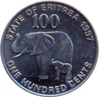 Eritrea coin 100 Cents (1997) reverse reverse of 100 Cents (1997) coin with KM# 48 from Eritrea. Inscription: STATE OF ERITREA 1997 100 ONE HUNDRED CENTS