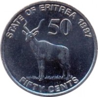 reverse of 50 Cents (1997) coin with KM# 47 from Eritrea. Inscription: STATE OF ERITREA 1997 50 FIFTY CENTS