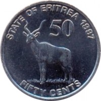 Eritrea coin 50 Cents (1997) reverse reverse of 50 Cents (1997) coin with KM# 47 from Eritrea. Inscription: STATE OF ERITREA 1997 50 FIFTY CENTS