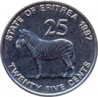 reverse of 25 Cents (1997) coin with KM# 46 from Eritrea. Inscription: STATE OF ERITREA 1997 25 TWENTY FIVE CENTS