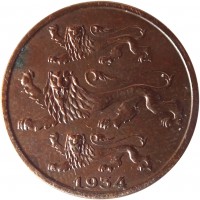 obverse of 2 Senti (1934) coin with KM# 15 from Estonia. Inscription: 1934