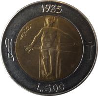 San Marino coin 500 Lire - Redemption from drugs (1985) reverse reverse of 500 Lire - Redemption from drugs (1985) coin with KM# 181 from San Marino. Inscription: 1985 L.500 R