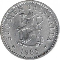 obverse of 10 Penniä (1983 - 1990) coin with KM# 46a from Finland. Inscription: SUOMEN TASAVALTA 1985