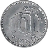 reverse of 10 Penniä (1983 - 1990) coin with KM# 46a from Finland. Inscription: 10 PENNIÄ