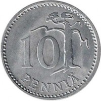 Finland coin 10 Penniä (1983 - 1990) reverse reverse of 10 Penniä (1983 - 1990) coin with KM# 46a from Finland. Inscription: 10 PENNIÄ