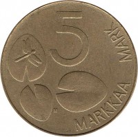 reverse of 5 Markkaa (1992 - 2001) coin with KM# 73 from Finland. Inscription: 5 MARKKAA MARK M